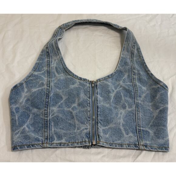 Women’s Size M Water Print Denim Halter Crop Top Zip Back Western Festival Rodeo - Picture 2 of 9